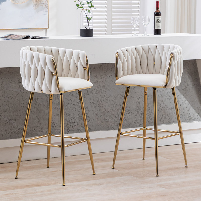 Swivel Upholstered Bar Stools Velvet Counter Stools with Metal Frame (Set of 2), Beige