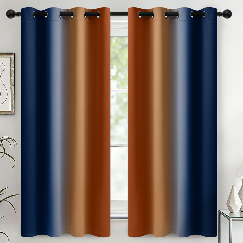 Rideaux isolants bleus et bruns orange, rideaux à œillets avec œillets 2 panneaux, Bleu foncé / orange vif, L 52 po x L 63 po