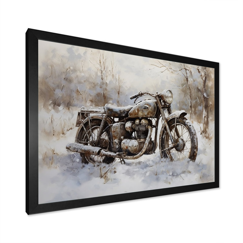 «Old Rustic Bike In Winter - Moto, art mural sur toile, H 30 po x l 40 po x P 1,5 po, Cadre simple noir
