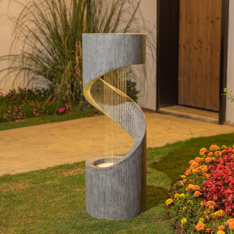 Zia Weather Resistant Column Fountain with Lights, 40" H x 14" W x 14" D, Gray