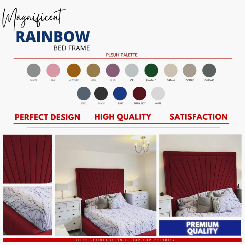 Odie Plush Velvet Upholstered Bed Frame - Sprung Slats, Padded Headboard, Double (4'6), Burgundy