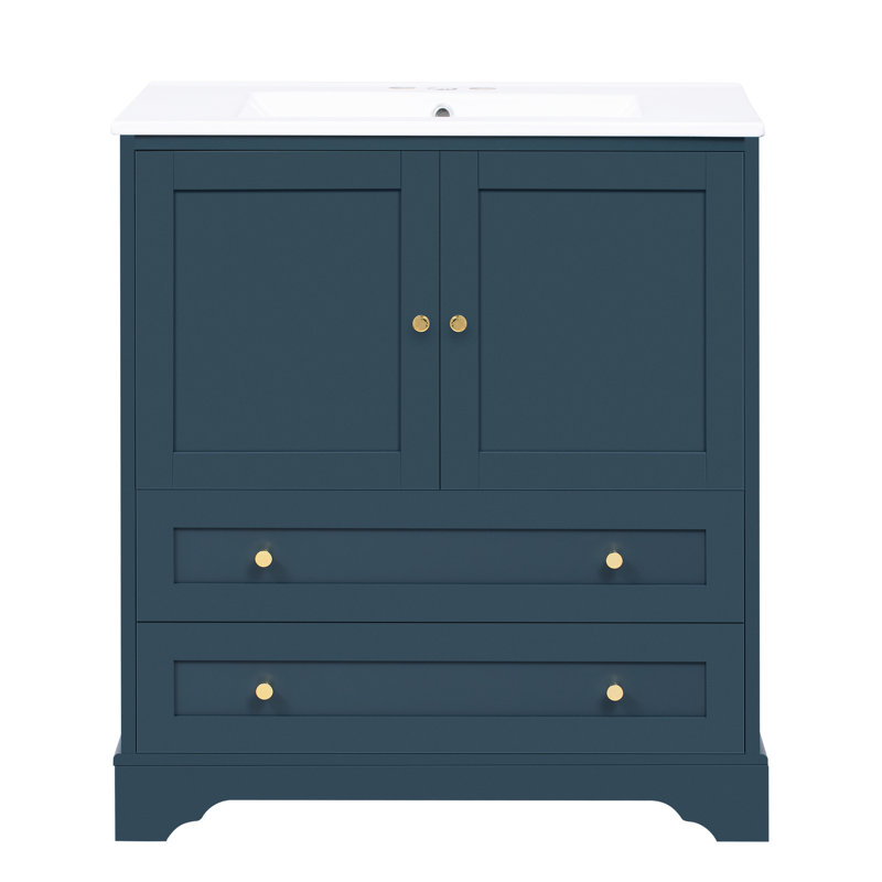 Armoire de rangement de salle de bain 30 po avec lavabo en céramique, poignées style moderne en or bleu. Planches, grand rangement. Meuble-lavabo autoportant en bois massif facile à installer et facile à installer