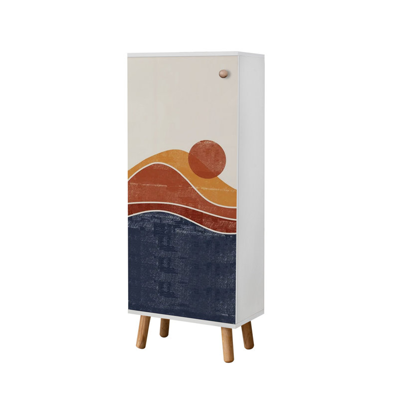 Modern Shoe Cabinet with Solid Wood Legs & Handles, White, 19.7 x 53.1 x 15.0 inches | 100% Melamine Coated Chipboard, UV Coated, Numerous Shelves | Abstract Geometric Design, Perfect for Entryway & Storage Solutions
