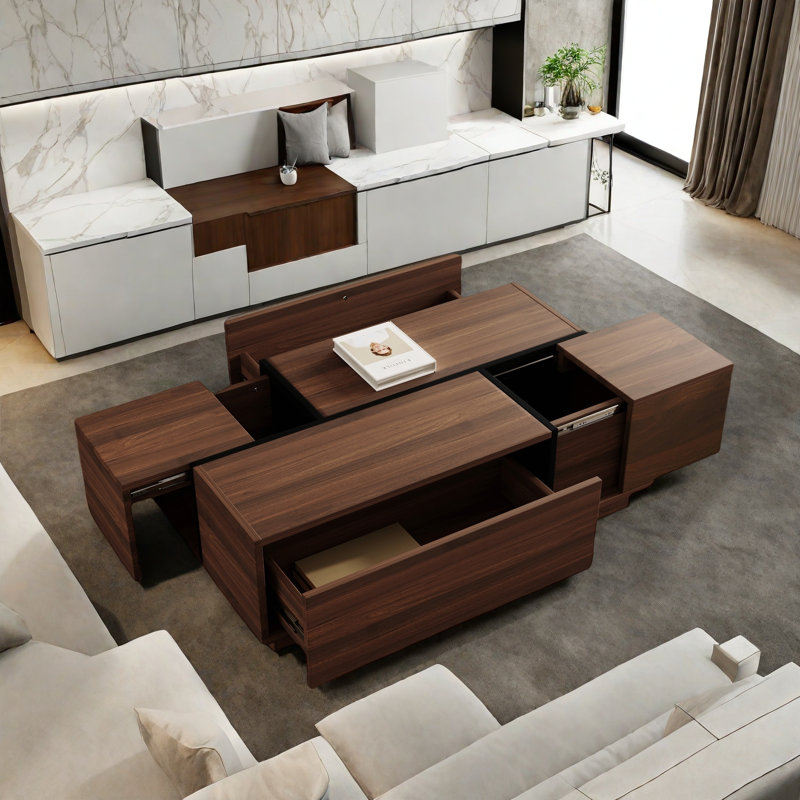 Rectangular Sliding Top Coffee Table With 2 Drawers And 2 Hidden Storage Compartments