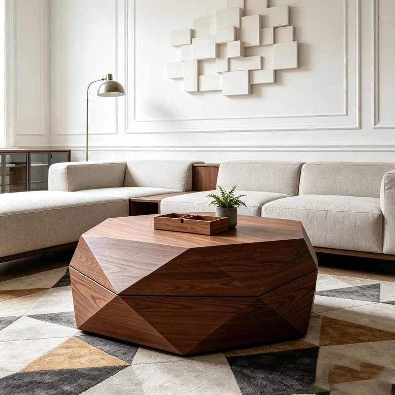 Table basse 36,61 po style rétro Polygon, table basse cylindrique en placage de bois massif, Brun-roux