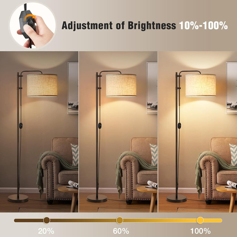 Modern Dimmable Floor Lamp With Adjustable 350° Rotating Linen Shade, 67.5" Height, Weighted Base For Living Room, Bedroom, Office