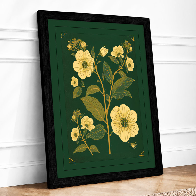 Golden Blooms In Green Botanical - Print, A2 - 59.4 x 42.0 cm, Black