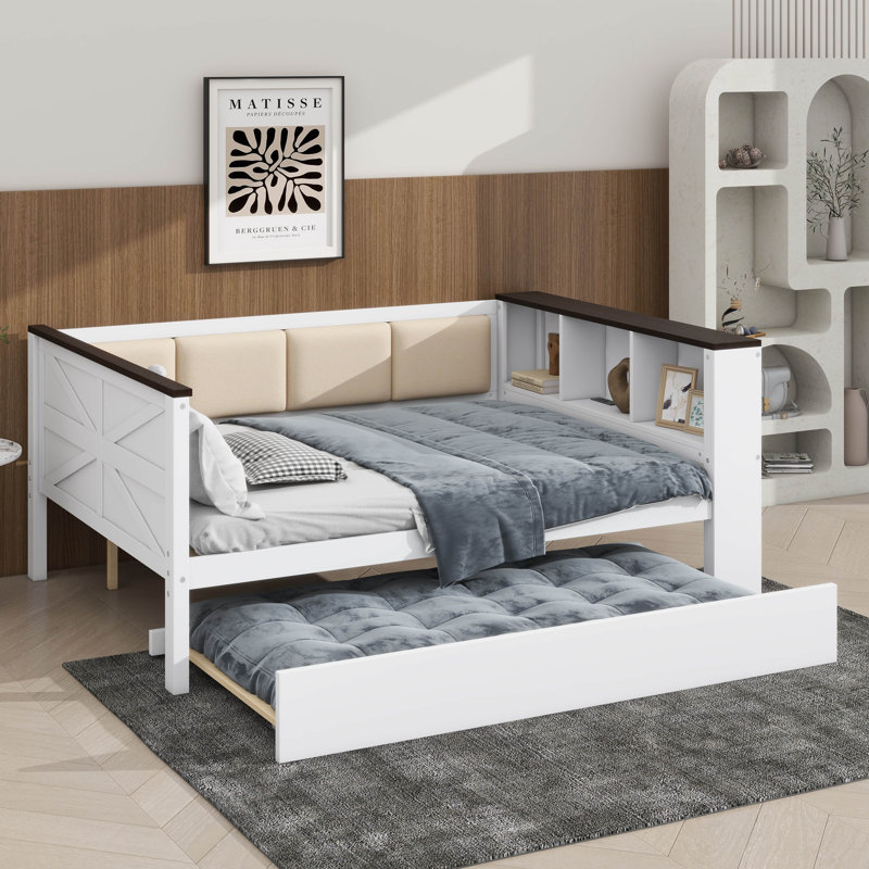 Full-Size Daybed With Storage Racks, Padded Backrest, USB Port, And Trundle, Full