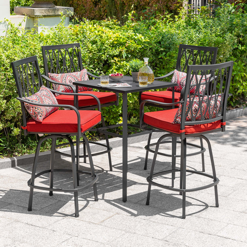Outdoor 5pcs Metal Swivel Bar Set With Umbrella Hole And Padded Cushions 
