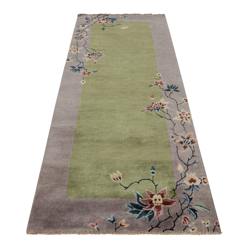 Rug & Kilim’S Chinese Art Deco Runner Rug In Green With Colorful Floral Patterns, Rectangle 9' x 12'