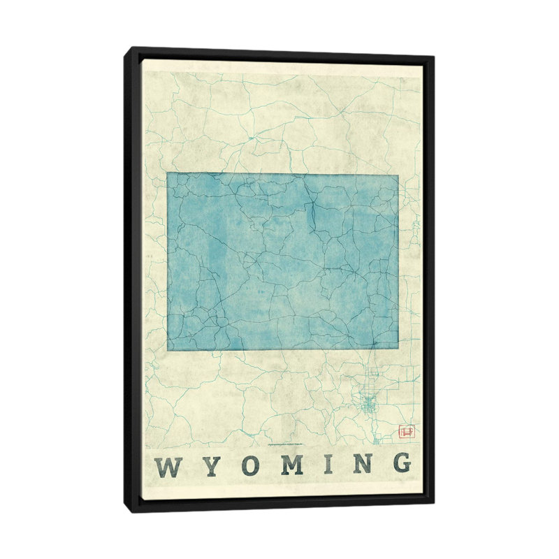 «Wyoming Map», impression sur toile, H 26 po x l 18 po x P 1,5 po, Toile avec cadre noir, Pas de tapis