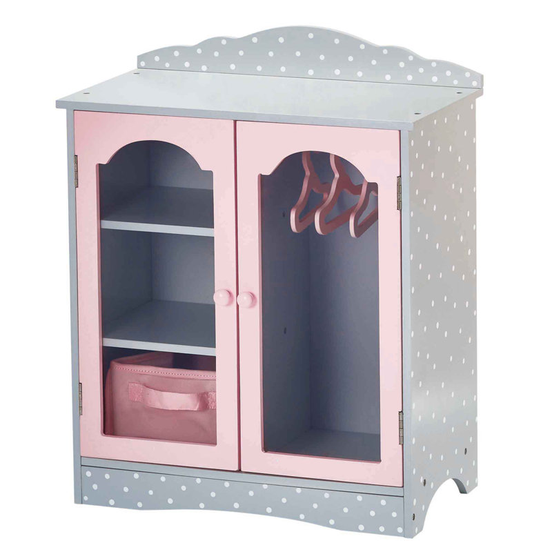 Teamson Kids Polka Dots Princess Toy Closet with Hangers for 18" Dolls, Gray/Pink