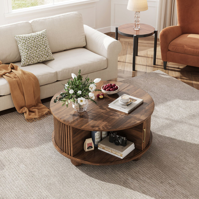31.5" Round Coffee Table with Storage, Walnut