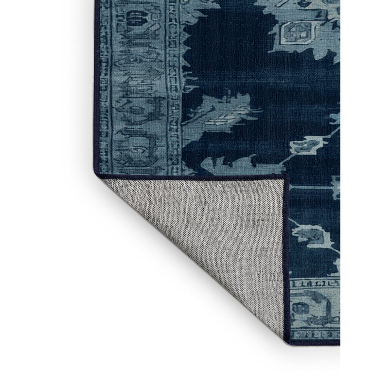 Tapis bleu lavé à la machine, Rond 3 pi