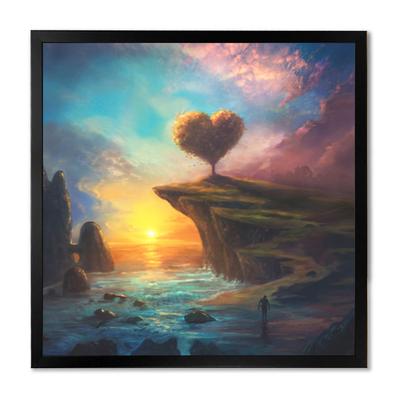 Cœur, paysage coucher de soleil - On, Impression noire sur toile encadrée, H 16 po x l 16 po x P 1 po