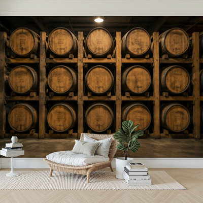 Wall Mural Peel and Stick Wallpaper Stack Wooden Whiskey Barrels Self-Adhesive Removable Contact Paper Wall Decor for Living Room Bedroom 100"H x 144"W