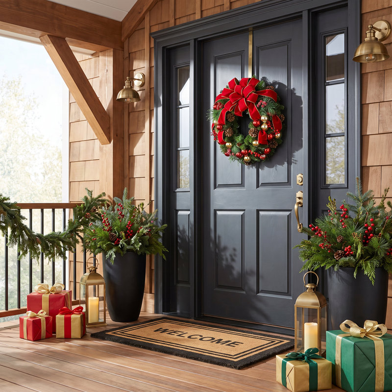 26"Evergreen Wreath With Berries, Balls, Cones And Red Bow