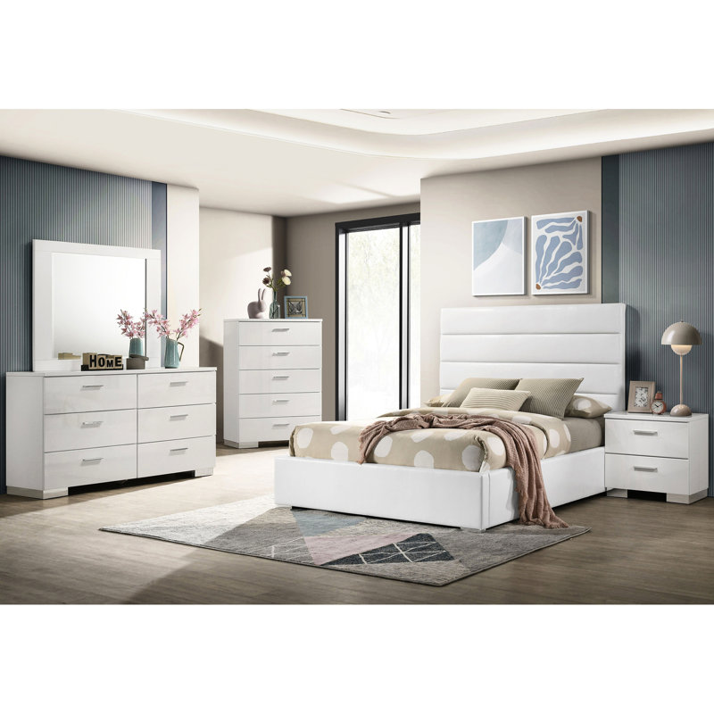 Contemporain 5 chambres à coucher blanches pour grand lit, lit en similicuir avec tête de lit à canal, tiroirs de rangement, poignées, table de chevet, commode, miroir et commode grand moderne, design, pièces,