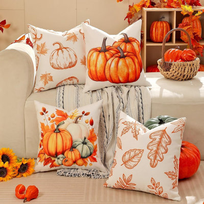 Double-Sided Fall Pillow Covers Set of 4 | Buffalo Plaid Pumpkin Thanksgiving Linen Throw Pillow Cases for Farmhouse Décor