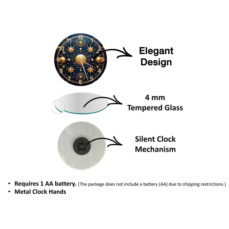 Horloge murale élégante en forme d'étoile céleste en verre trempé bleu et or silencieux, Noir