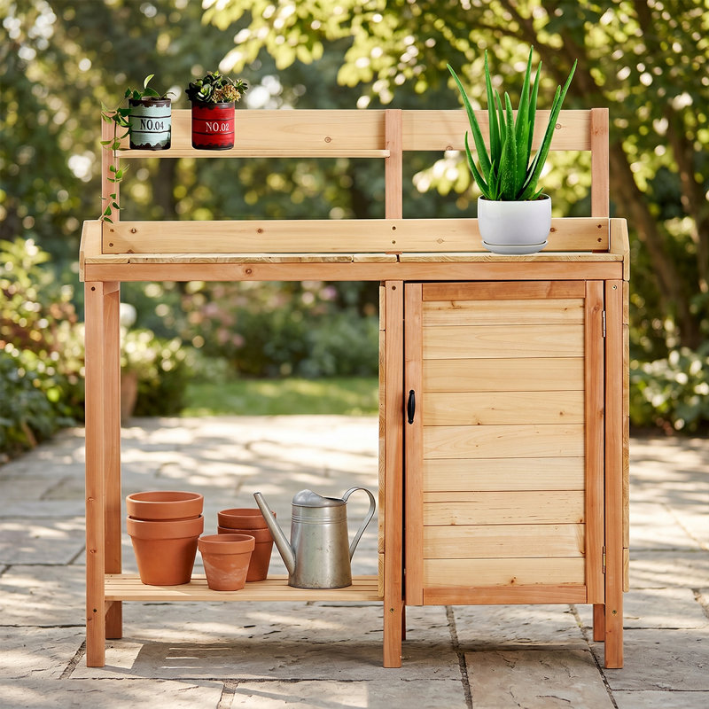 Banc de jardin tout-en-un avec rangement, évier et crochets à outils pour la cour ou la terrasse