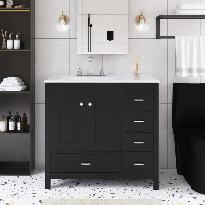 Meuble-lavabo sur pied 36 po avec plateau en céramique intégré 36 po
