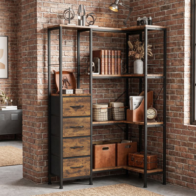 4-Tier Convertible Corner Bookcase with LED Lighting, 4 Open Shelves and 4 Fabric Drawers, Brown