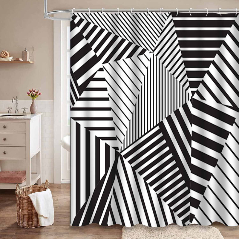 Rideau de douche abstrait géométrique noir et blanc avec 12 crochets, L 72 po x l 72 po