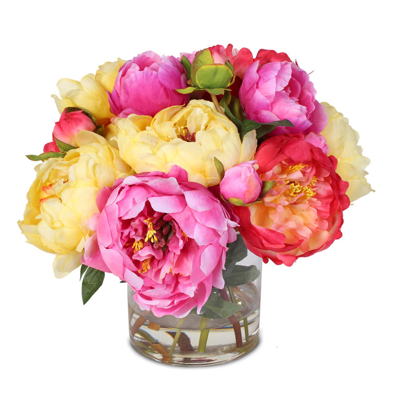 Silk French Peonies Bouquet Floral Arrangement in Vase