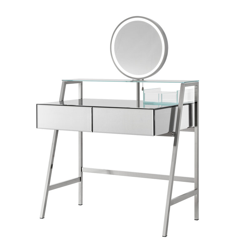 33.9" Mirrored Makeup Vanity Desk With Mirror And Lights, Mirrored Console Vanity Table With 2 Big Drawers & Open Shelf, Dressing Table With Charging Station For Bedroom