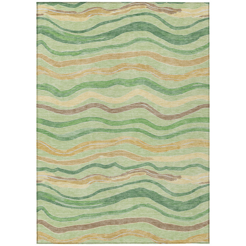 Green and Beige Synthetic Stripe Washable Indoor/Outdoor Rug