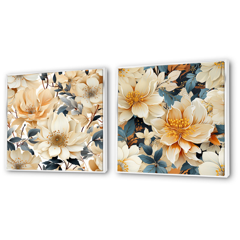 Ouareau - Ensemble de 2 impressions murales florales, Cadre flottant blanc, H 36 po x l 73 po x P 1,5 po