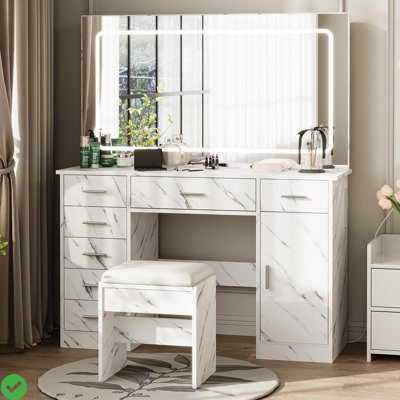 Bureau de meuble-lavabo avec grand miroir lumineux, station de charge, meuble-lavabo 7 tiroirs
