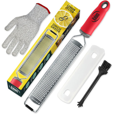 Kaluns Lemon Zester & Cheese Grater with Cleaning Brush & Glove, Premium Stainless Steel Citrus Zester for Parmesan, Garlic, Ginger, Chocolate, Fruits & Vegetables