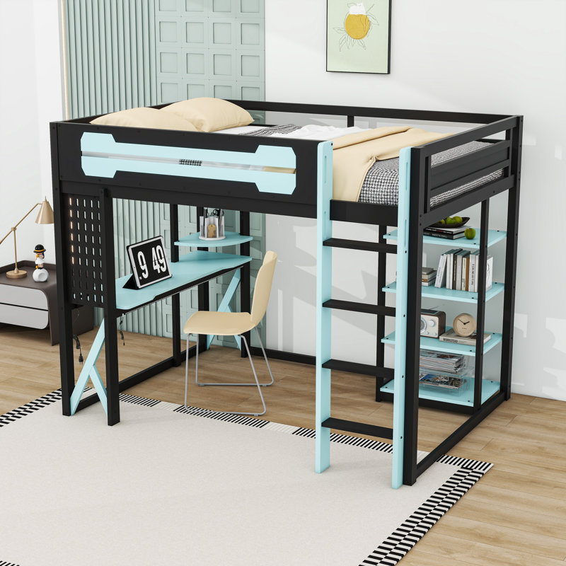 Full Size Wooden Loft Bed with Integrated Desk, RGB Lighting and Storage Shelves, Black/Blue