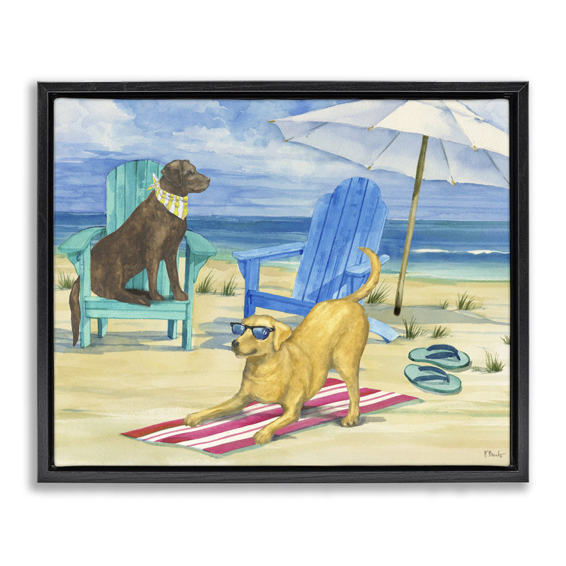 «Dogs on Beach» par Paul Brent, Cadre flottant noir de jais, H 17 po x l 21 po