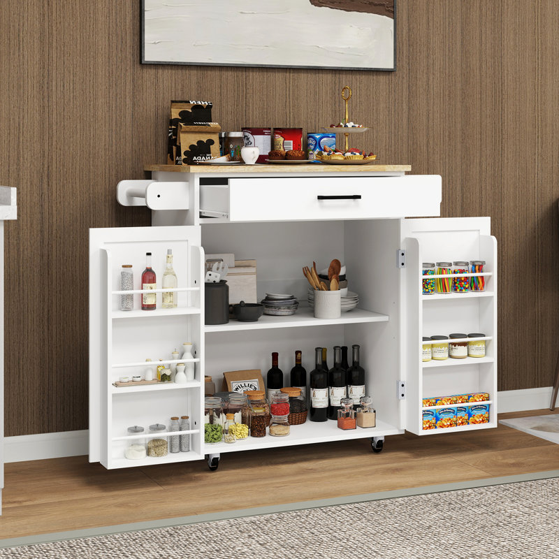 Kitchen Island Rolling Trolley Cart With 1 Drawer & 2 Doors With Storage Racks & Adjustable Shelves & Towel Rack & Seasoning Rack Rubber Wood Table Top-White
