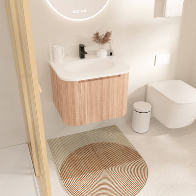 Meuble-lavabo mural de 24 po avec lavabo, conception incurvée, finition grain de bois ondulé, tiroir à fermeture en douceur pour salle de bain de rangement de cosmétiques, aspect naturel au design, marbre encombré intégré