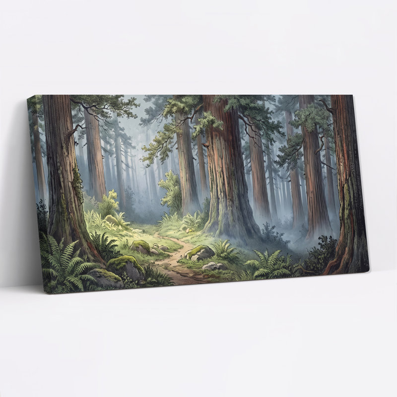 Tableau sur toile « Chemin brumeux à travers des arbres géants et des fougères », L 40 po x H 20 po