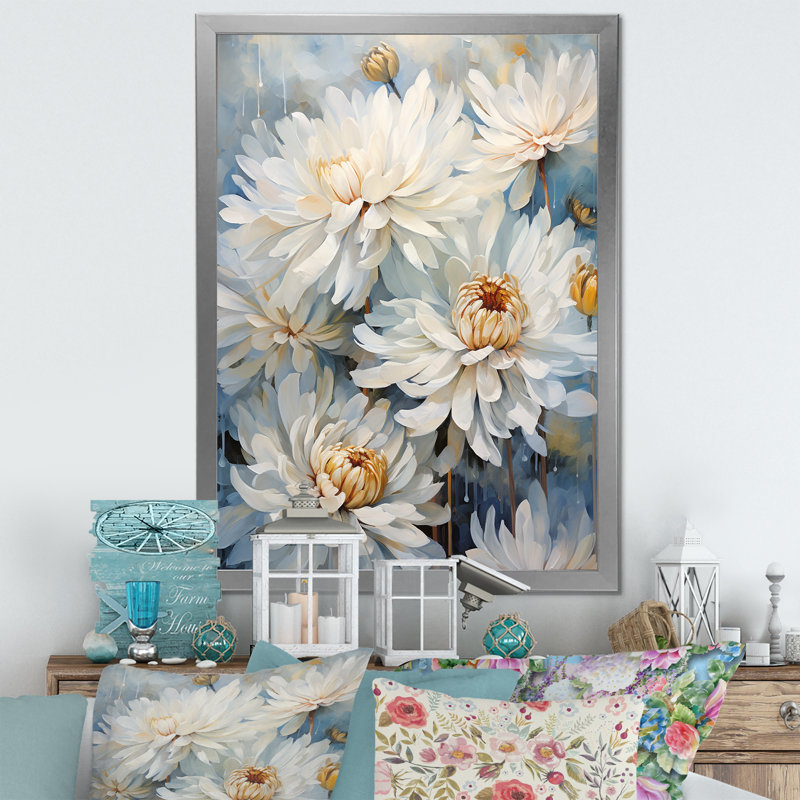 «White and Blue Chrysanthemums V» sur impression sur toile, H 44 po x l 34 po x P 1,5 po, Cadre simple argenté