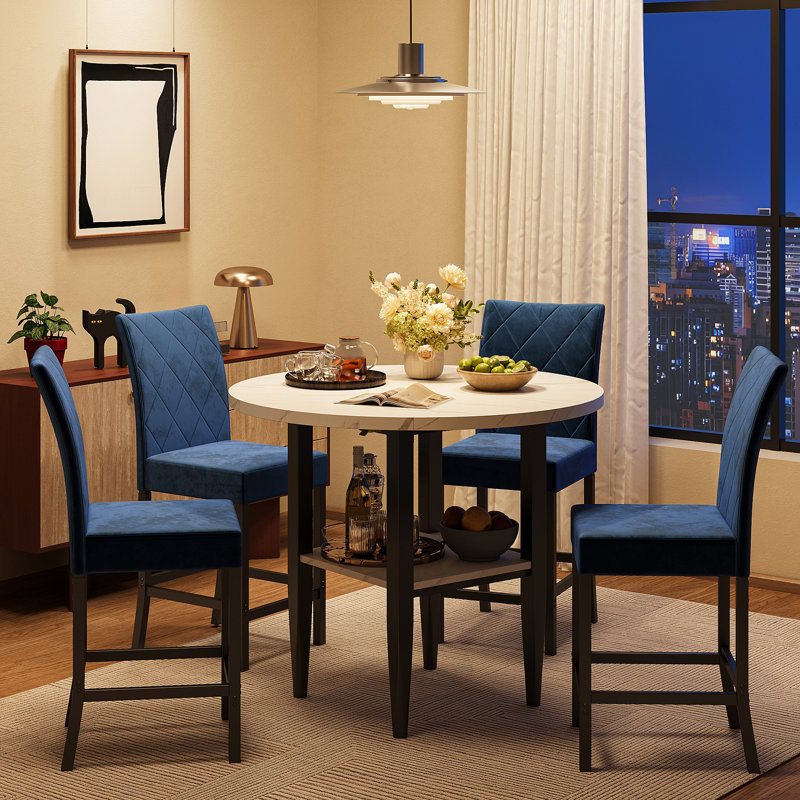 5 Pieces 35.4" Modern Style Round Faux Marble Counter Height Dining Table Set, Extendable Folding Kitchen Dining Table Set For 4 With 4 Velvet Upholstered Dining Chairs