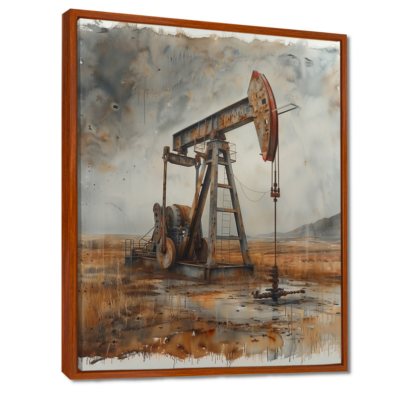 Gris gris orange, champs de pétrole pompage de gaz I - décoration murale, Toile avec cadre flottant brun