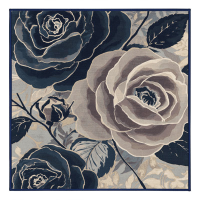 Machine Washable Parrilla Tea Rose French Floral Rug in Beige – Navy Binding