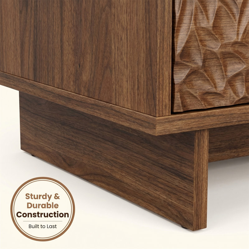 3-Drawer Nightstand with Charging Station, Modern Textured Bedside Table, Walnut