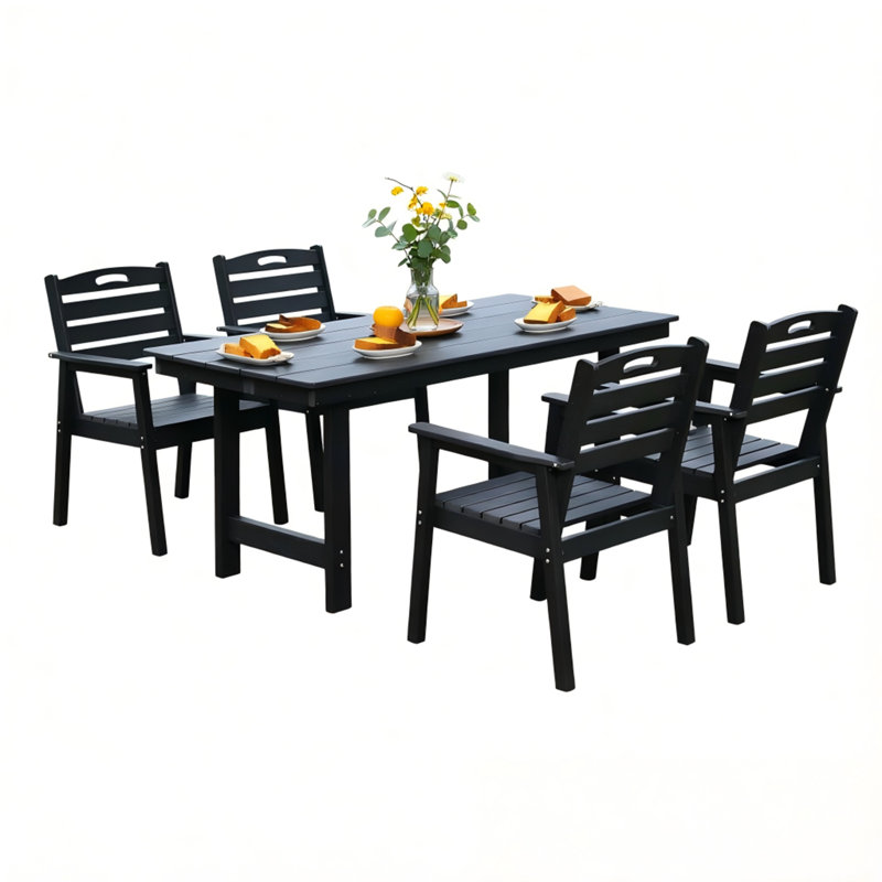 Ensemble de salle à manger de patio extérieur, 1 table et 4 chaises, 6 pièces: table, 4 chaises, Noir