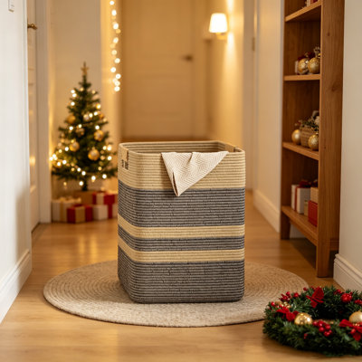 Grand panier à linge tissé avec poignées en cuir - Organisateur de rangement en corde de coton naturel pour vêtements, jouets, couvertures et oreillers | Bac pliable multi-usage pour chambre de bébé, chambre à coucher, salle de lavage