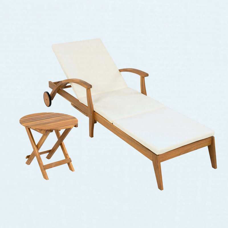 Ensemble de table d'appoint d'extérieur inclinable avec chaise longue en bois d'acacia avec coussin de 2 pouces et table d'appoint pliable à dossier réglable pour véranda au bord de la piscine