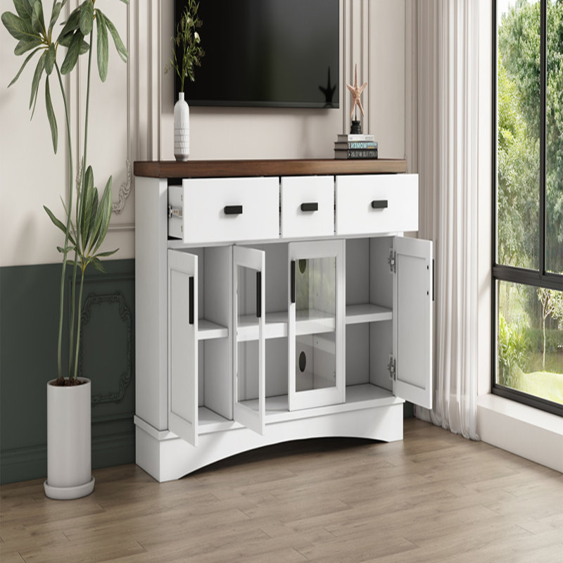 Console de télévision moderne blanche avec portes en verre, tiroirs de rangement et tablettes réglables pour les médias et la décoration