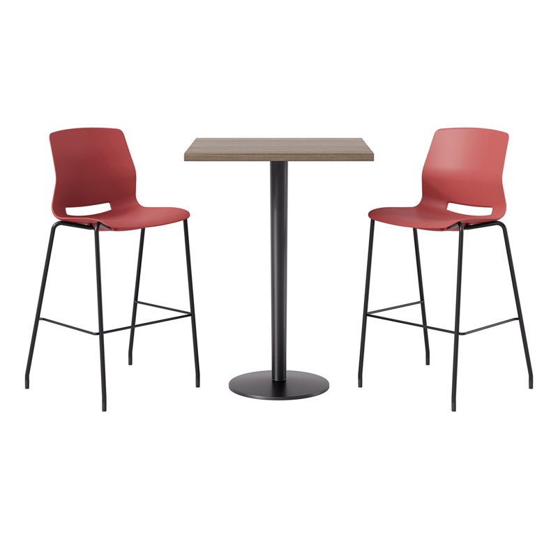 KFI Studios Square 30" x 30" x 41"H Bistro Table Set, 1 Table, 2 Stools, White Table, Grey Shell, Red/Black, Studio Teak