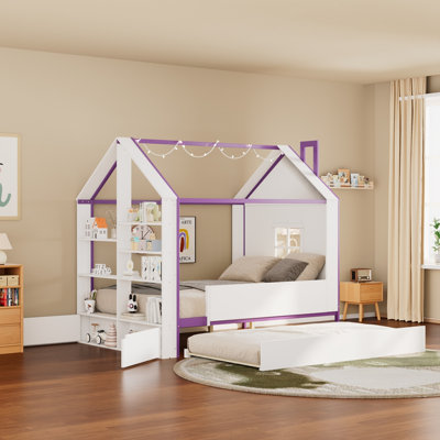Full Size House Bed Frame with Pull-Out Trundle, Tail End Storage Shelves and Cool White LED Lights